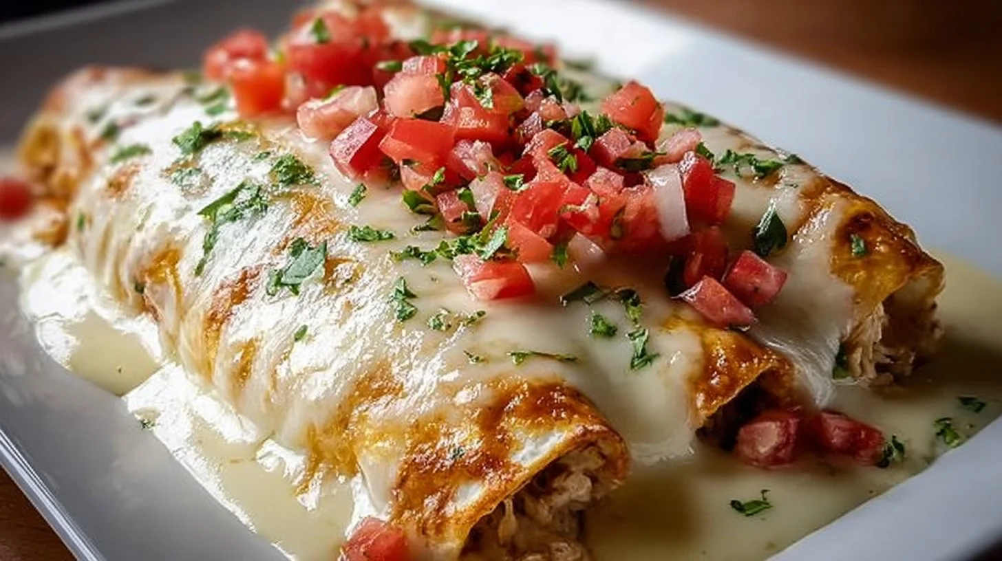 Delicious queso chicken enchiladas topped with creamy cheese sauce