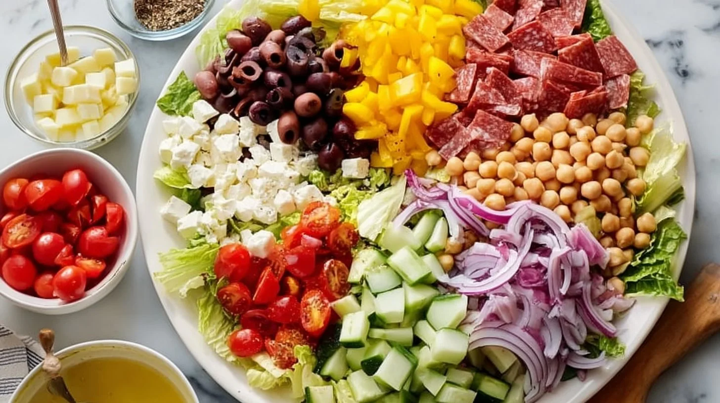 A colorful Italian Chopped Salad filled with fresh vegetables and herbs.