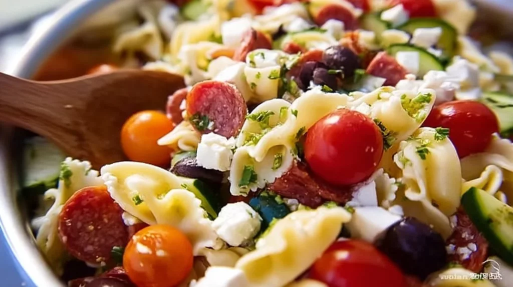 Italian Pasta Salad with Cheesy Tortellini served in a bowl