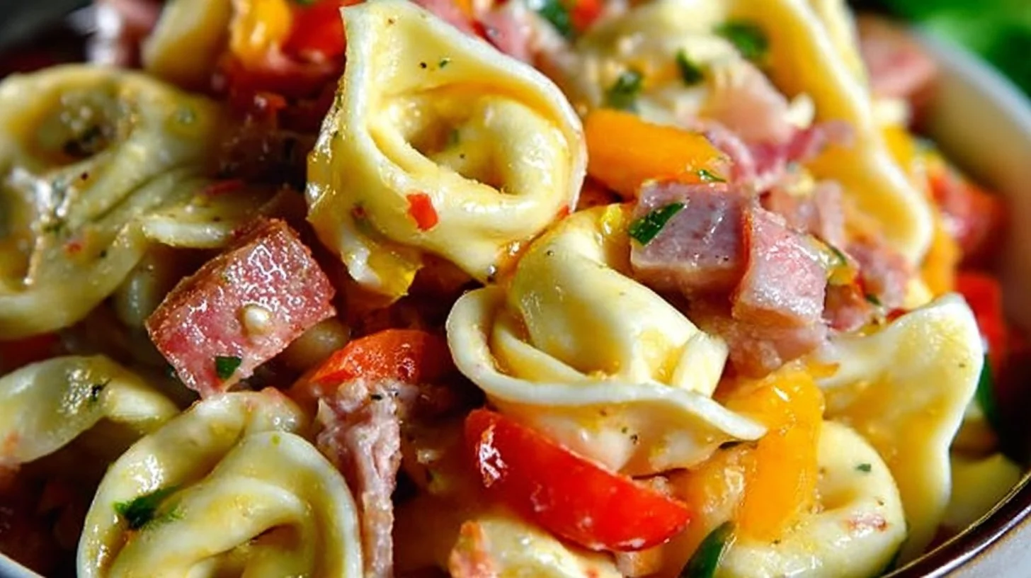 Colorful bowl of Italian Tortellini Salad with fresh vegetables and dressing