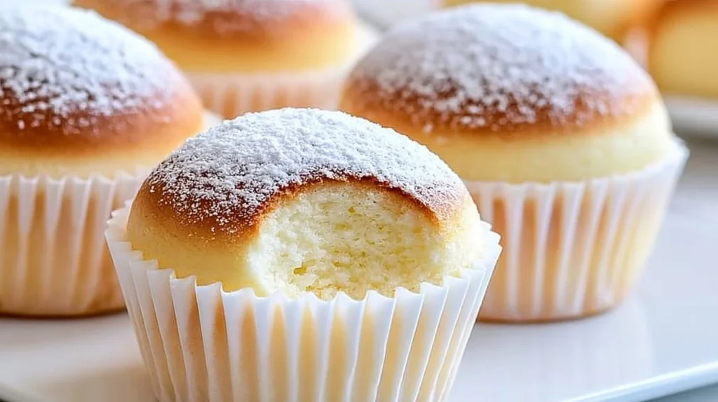 Delicious Japanese Cotton Cheesecake Cupcakes topped with cream and fruit