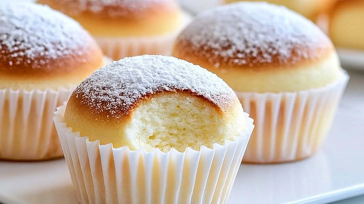 Delicious Japanese Cotton Cheesecake Cupcakes topped with cream and fruit