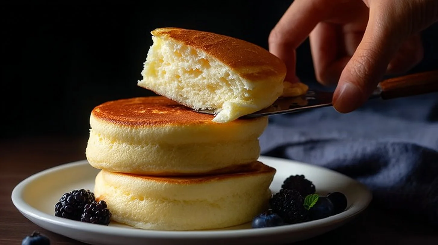Fluffy Japanese souffle pancakes topped with fresh fruit and syrup.