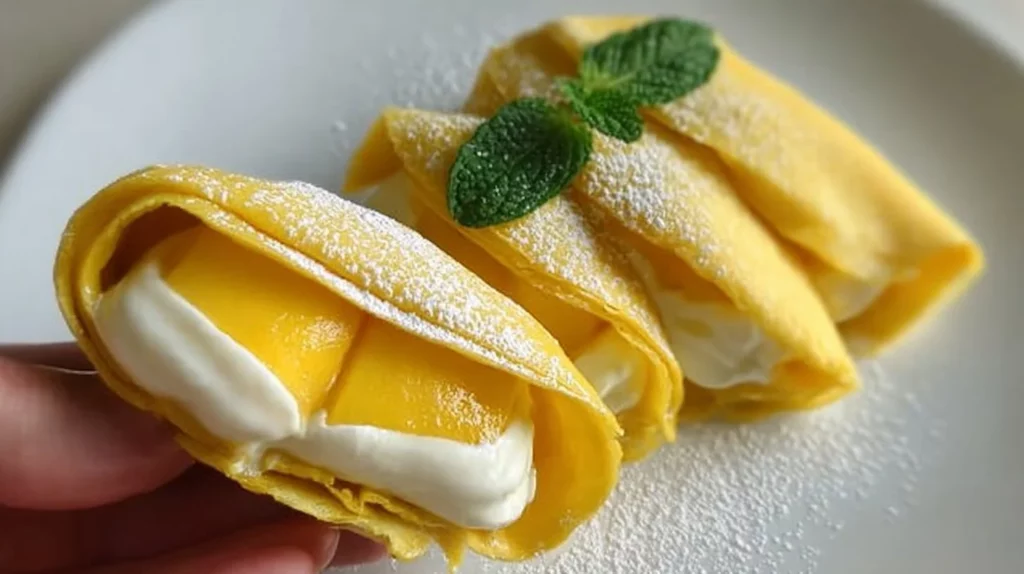 Delicious mango pancakes with fresh mango slices and syrup on a plate