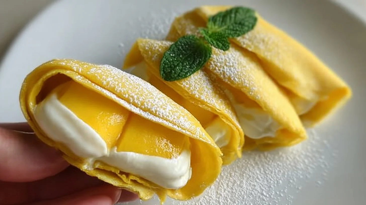 Delicious mango pancakes with fresh mango slices and syrup on a plate
