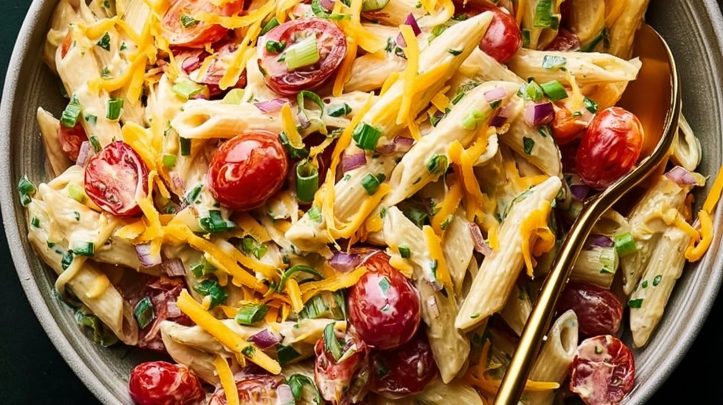 Delicious Million Dollar Pasta Salad garnished with fresh ingredients.