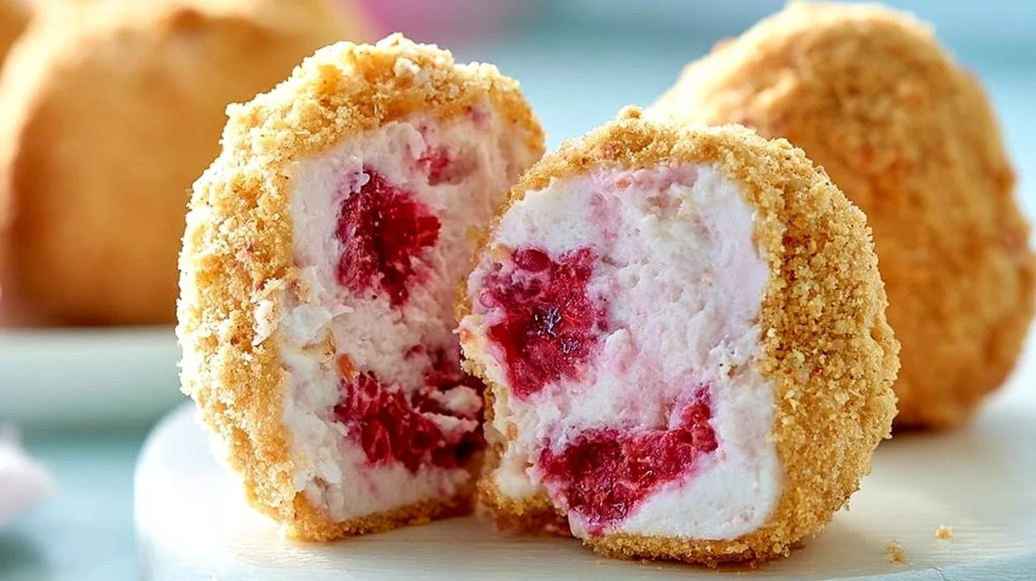No bake raspberry cheesecake bites topped with fresh raspberries.