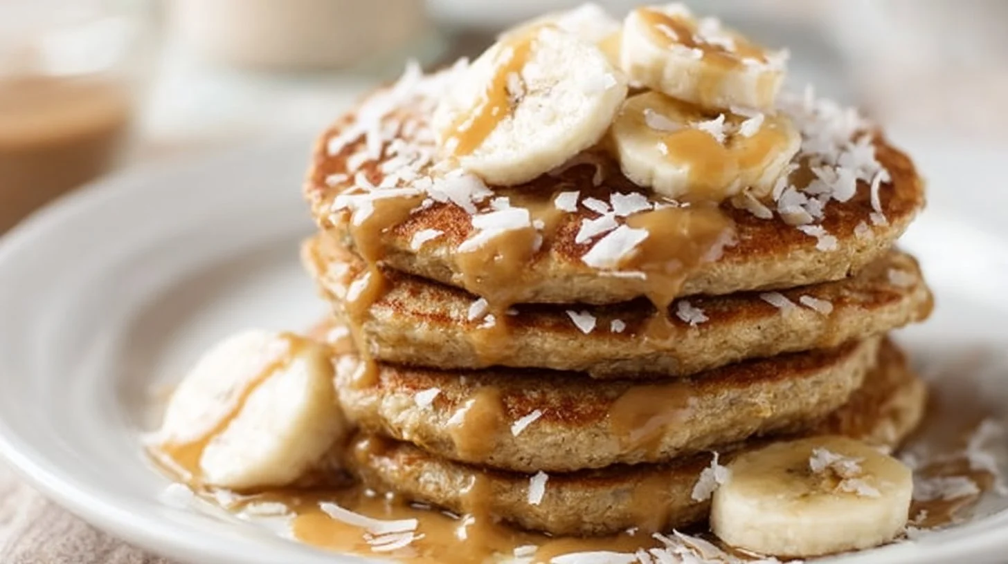 Delicious oatmeal banana pancakes topped with fresh bananas and syrup