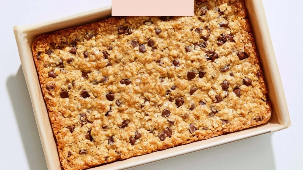 Freshly baked oatmeal chocolate chip bars topped with chocolate morsels