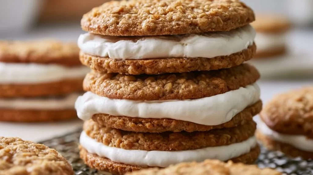 Freshly baked Oatmeal Cream Pies with creamy filling between soft cookies.