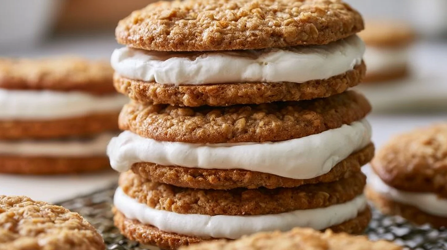 Freshly baked Oatmeal Cream Pies with creamy filling between soft cookies.