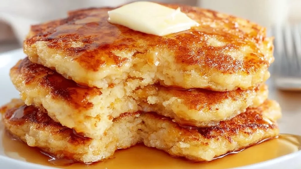 Delicious and fluffy oatmeal pancakes stacked on a plate with syrup and fruit toppings