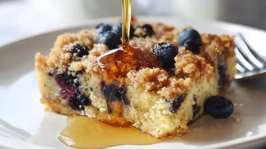 Delicious and fluffy Pancake Casserole served with syrup and berries