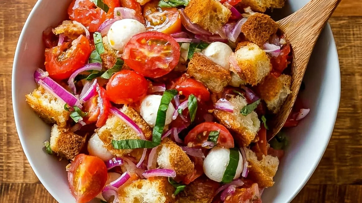 Vibrant Panzanella Salad with tomatoes, fresh basil, and toasted bread cubes