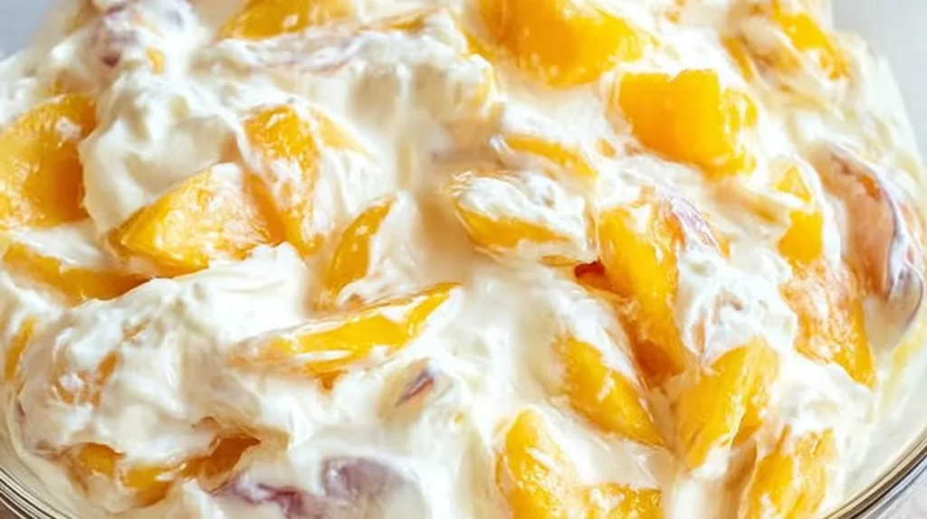 Delicious Peach Cheesecake Salad topped with fresh peaches and creamy cheesecake.