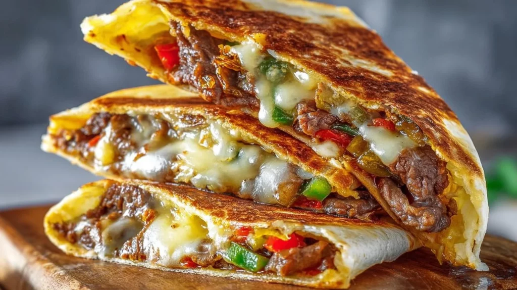 Philly Cheesesteak Quesadilla with melted cheese and steak on a plate