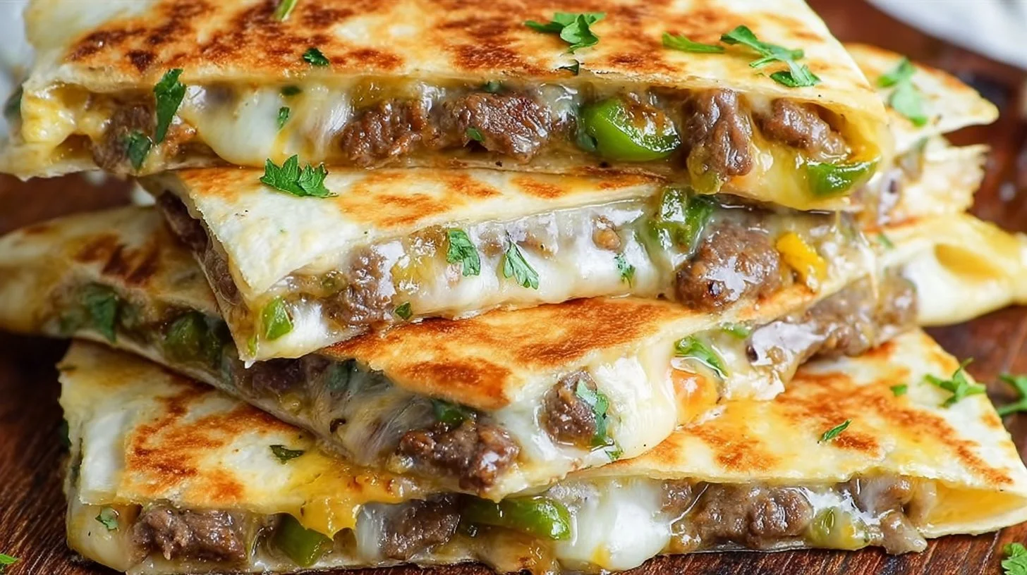 Delicious Philly Cheesesteak Quesadillas filled with cheese and beef