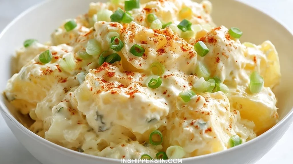 Delicious homemade potato salad with fresh herbs and vegetables.