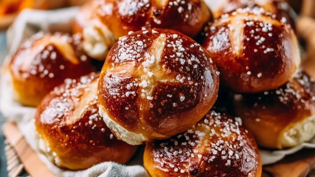 Freshly baked pretzel rolls cooling on a wire rack