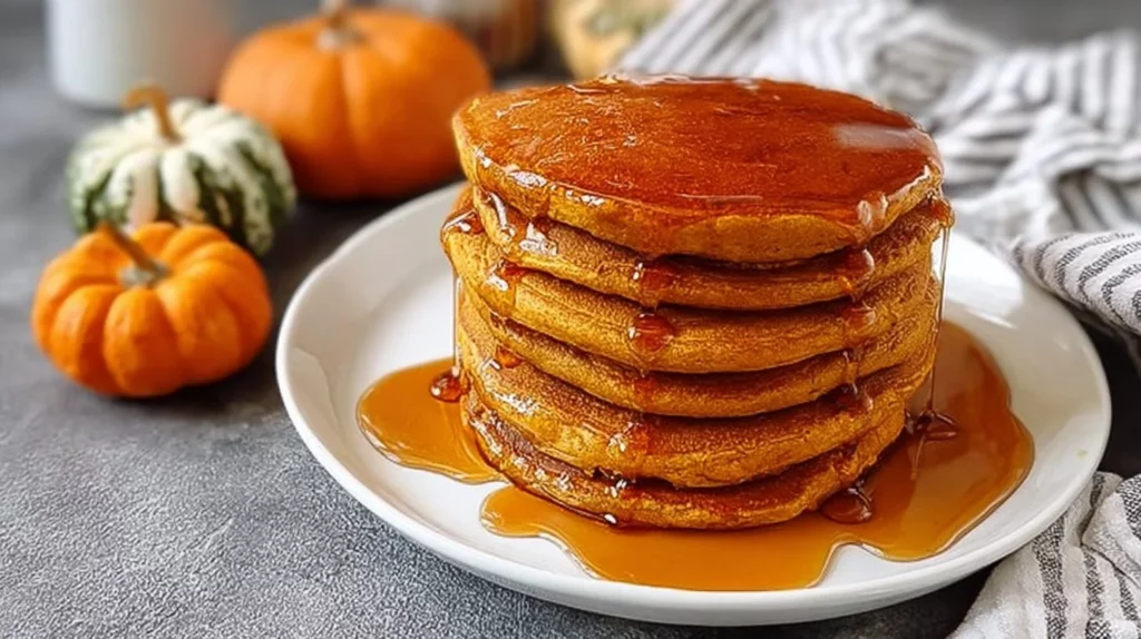 Delicious pumpkin pancakes topped with maple syrup and spices.
