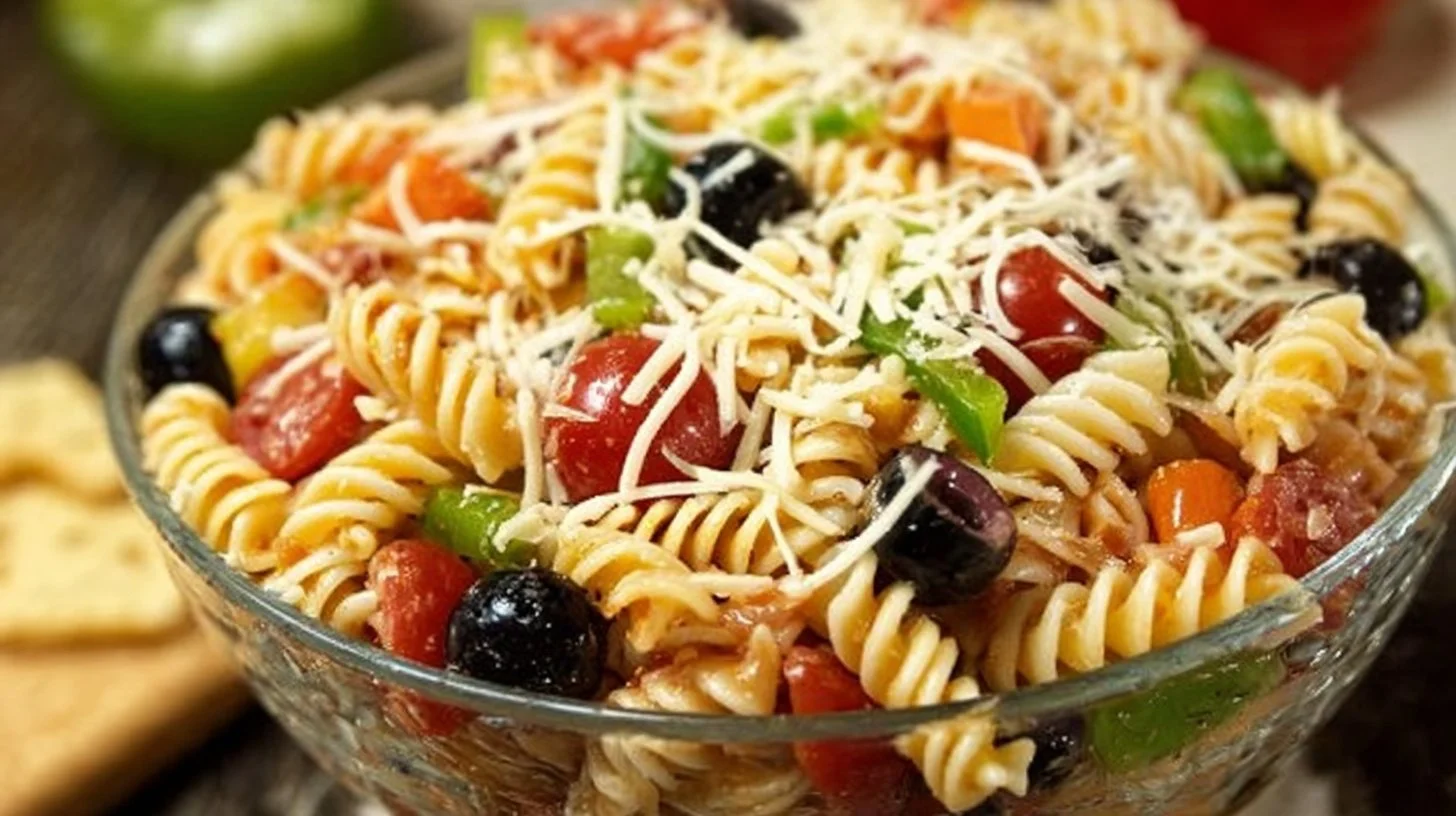 Bowl of quick and easy Italian pasta salad with fresh veggies and dressing.