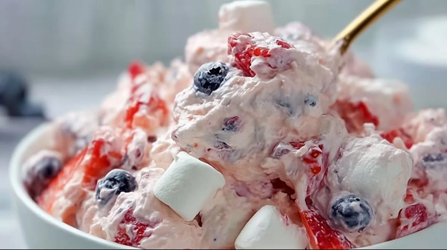 Red, White, and Blue Cheesecake Salad with strawberries and blueberries in a bowl