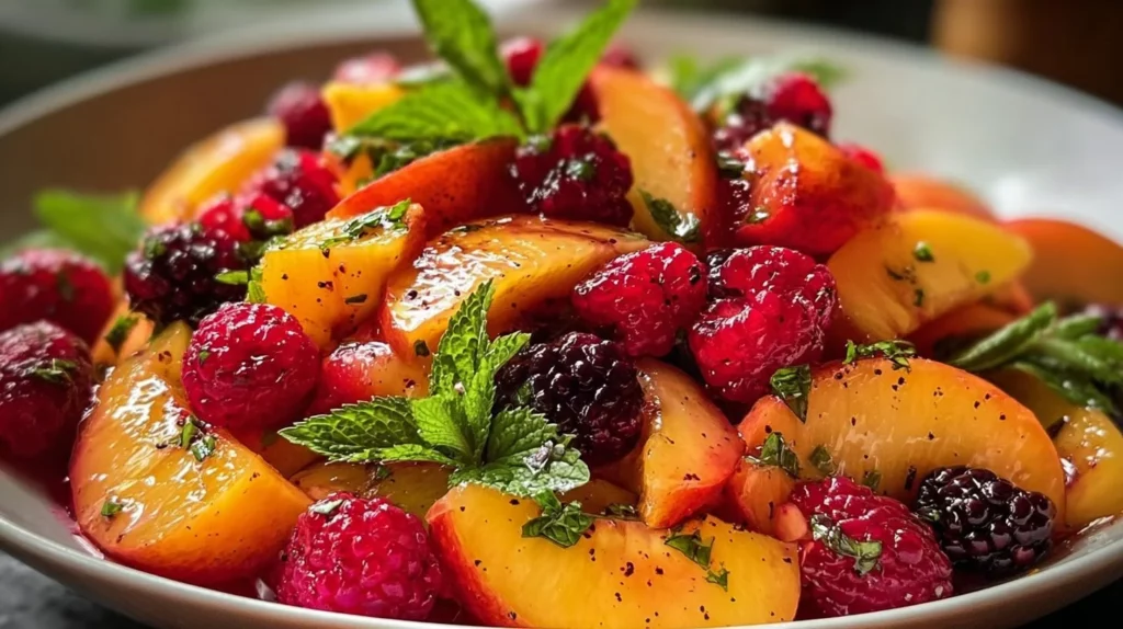 Refreshing summer peach salad with fresh ingredients and vibrant colors