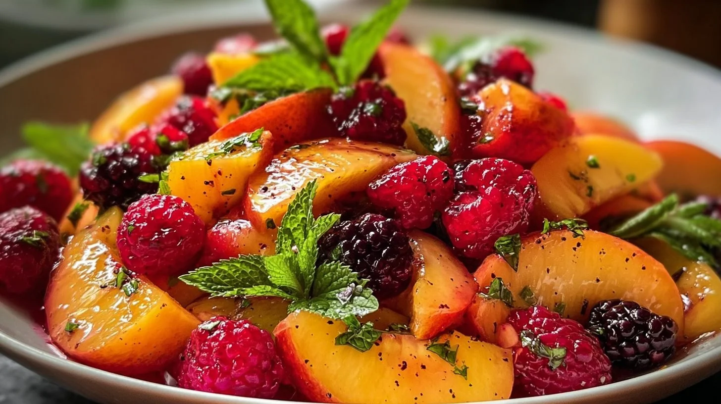 Refreshing summer peach salad with fresh ingredients and vibrant colors