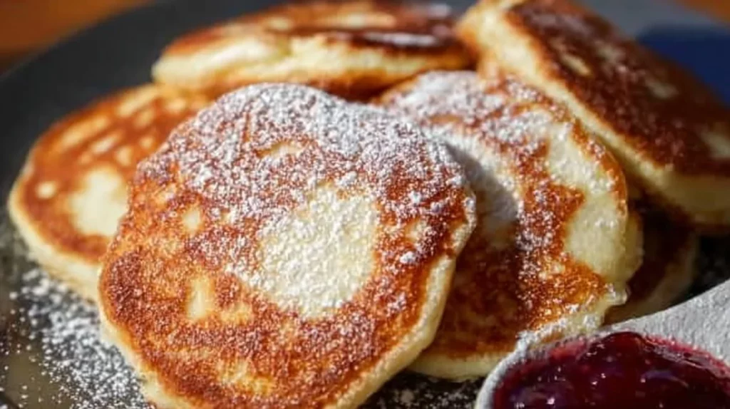 Delicious homemade ricotta pancakes stacked and drizzled with syrup