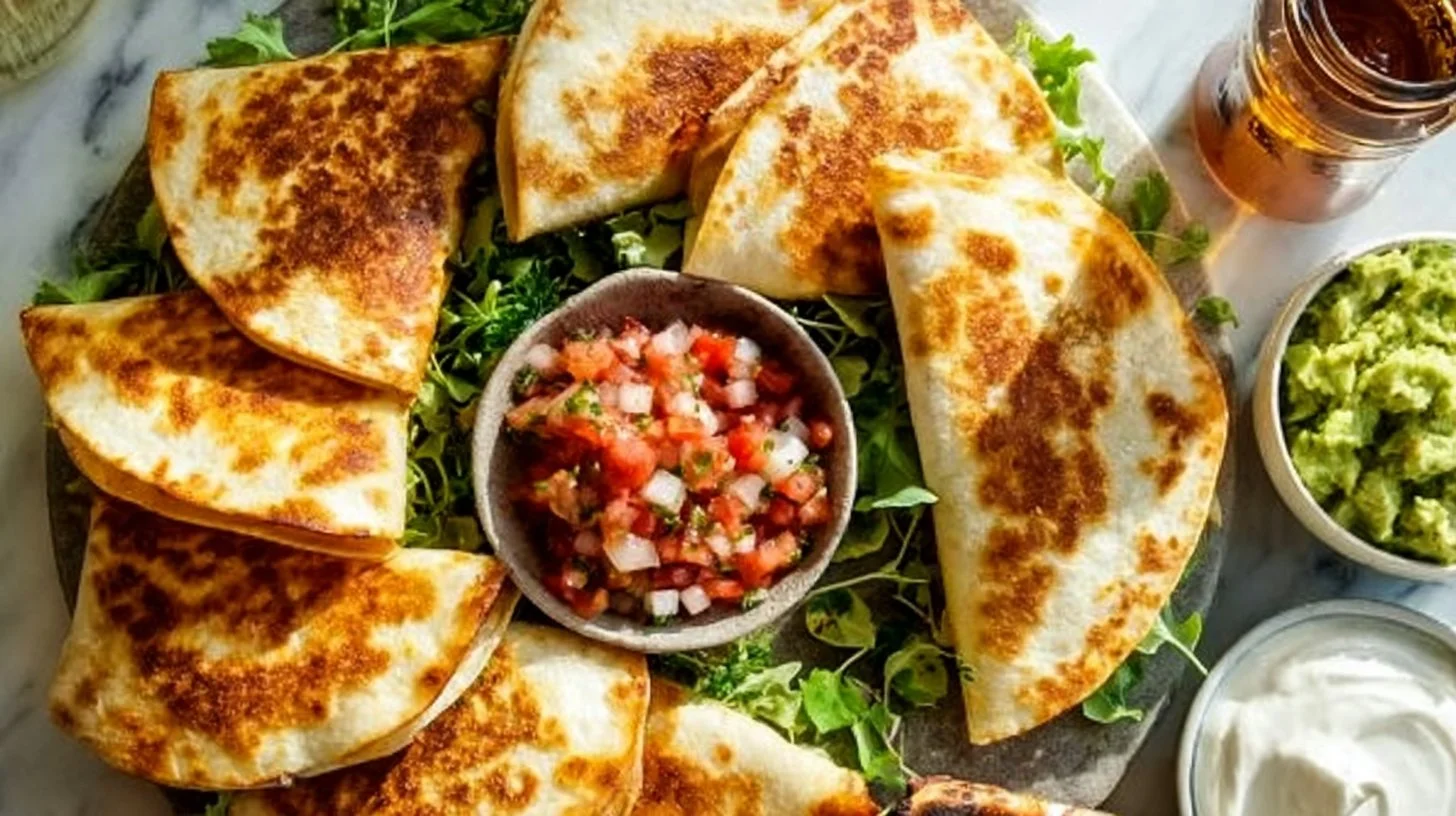 Rotisserie Chicken Quesadillas 2 Delicious rotisserie chicken quesadillas served with dipping sauce