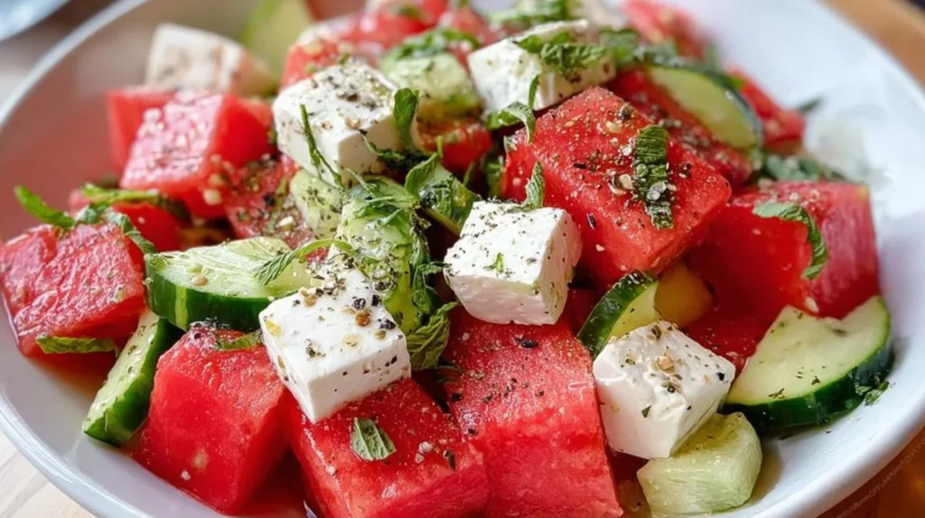 Delicious watermelon cucumber feta salad served in a bowl.
