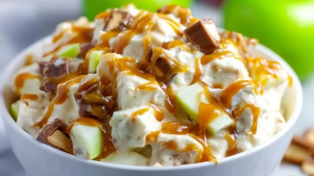 Delicious Snickers Caramel Apple Salad with apples, caramel, and peanuts.