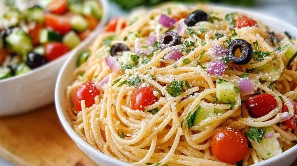 Delicious spaghetti salad served with vibrant Italian dressing and colorful vegetables.