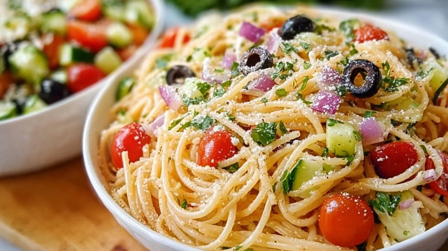 Delicious spaghetti salad served with vibrant Italian dressing and colorful vegetables.
