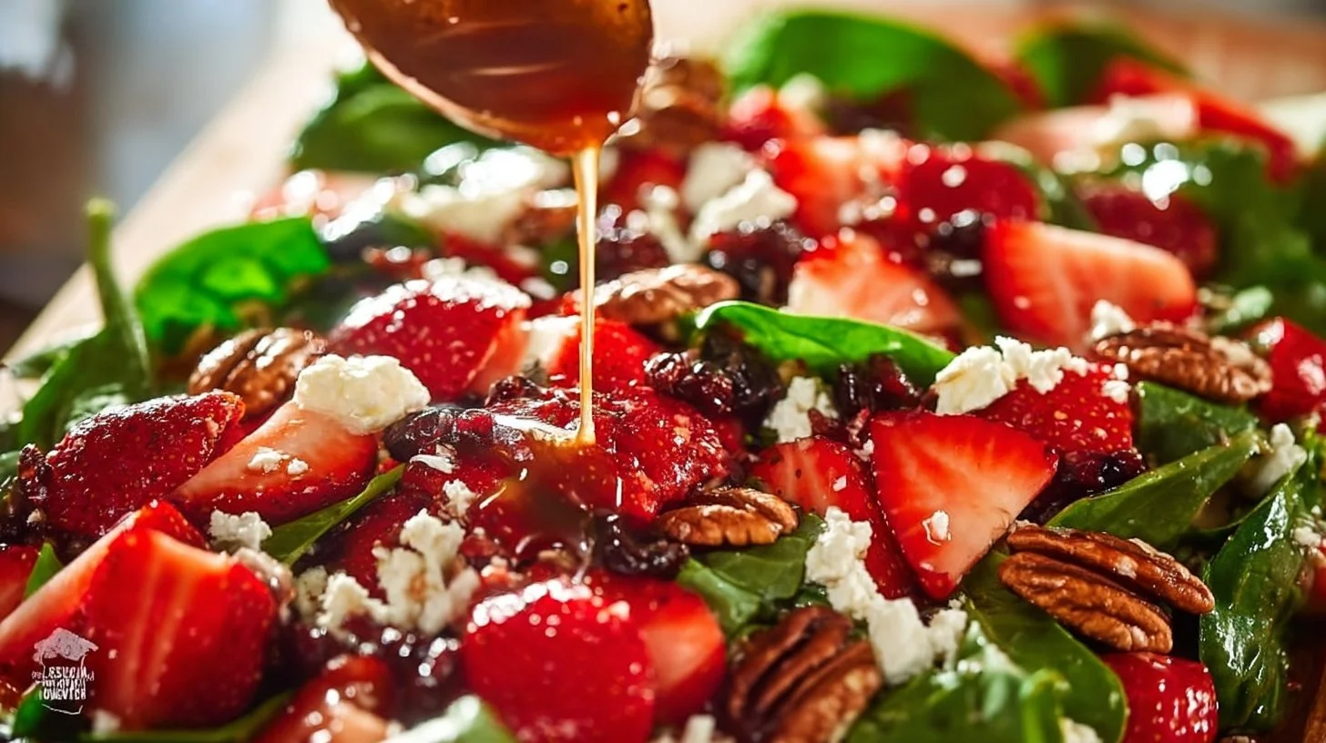 Spinach Strawberry Salad with Pecans garnished with fresh berries and nuts