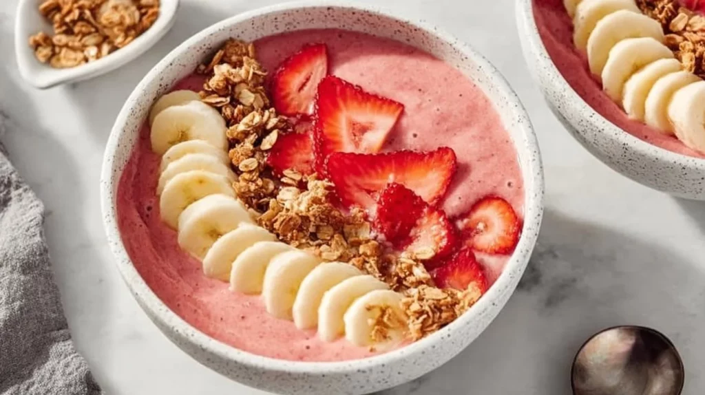 A colorful Strawberry Banana Smoothie Bowl topped with fresh fruits and granola.