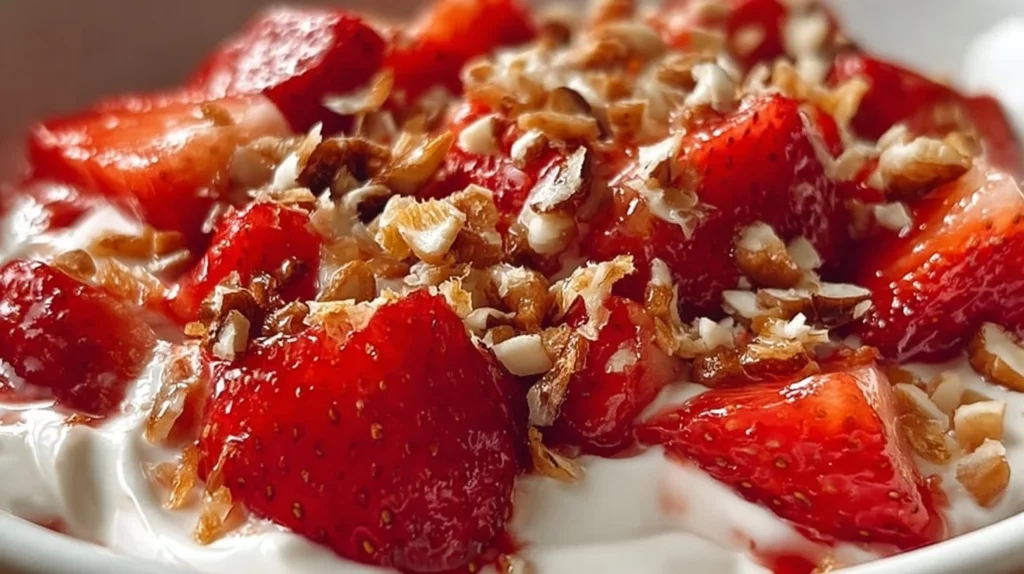 Delicious Strawberry Crackle Salad with vibrant strawberries and crunchy toppings.
