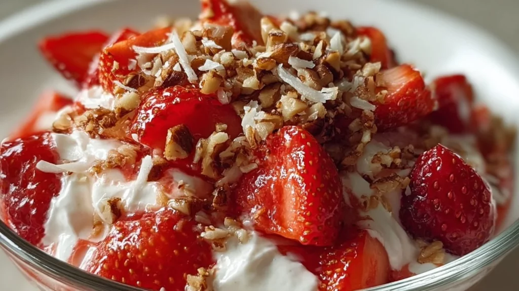 Colorful Strawberry Crackle Salad with fresh strawberries and crunchy ingredients