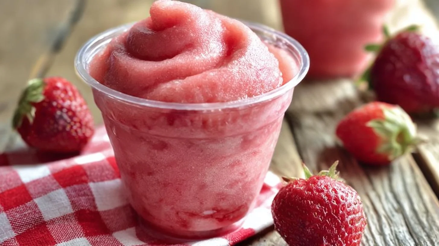 Delicious Strawberry Dole Whip served in a bowl with fresh strawberries