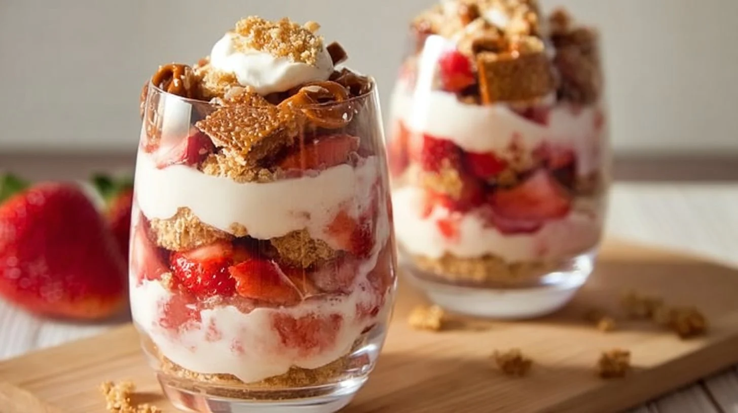 Delicious Strawberry Pretzel Salad Parfaits with layers of strawberry and pretzel crust