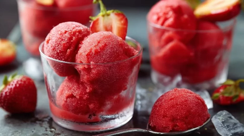 Delicious homemade strawberry sorbet served in a bowl with fresh strawberries