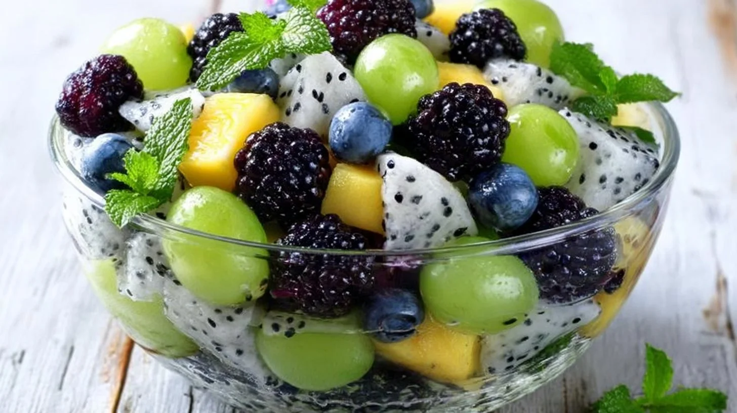 Vibrant summer fruit salad with fresh seasonal fruits served in a bowl.