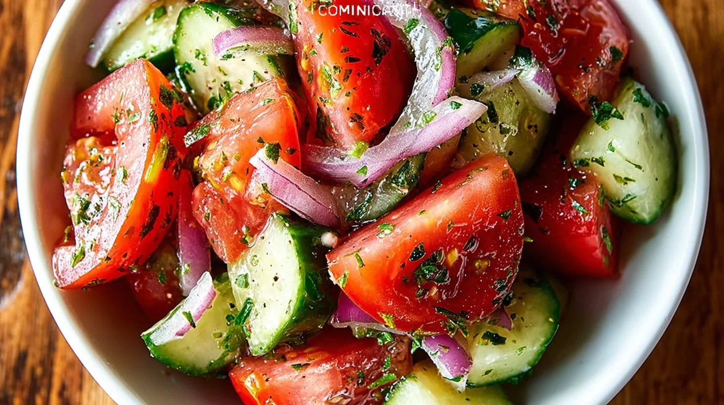 Delicious summer Tomato and Cucumber Salad served in a bowl