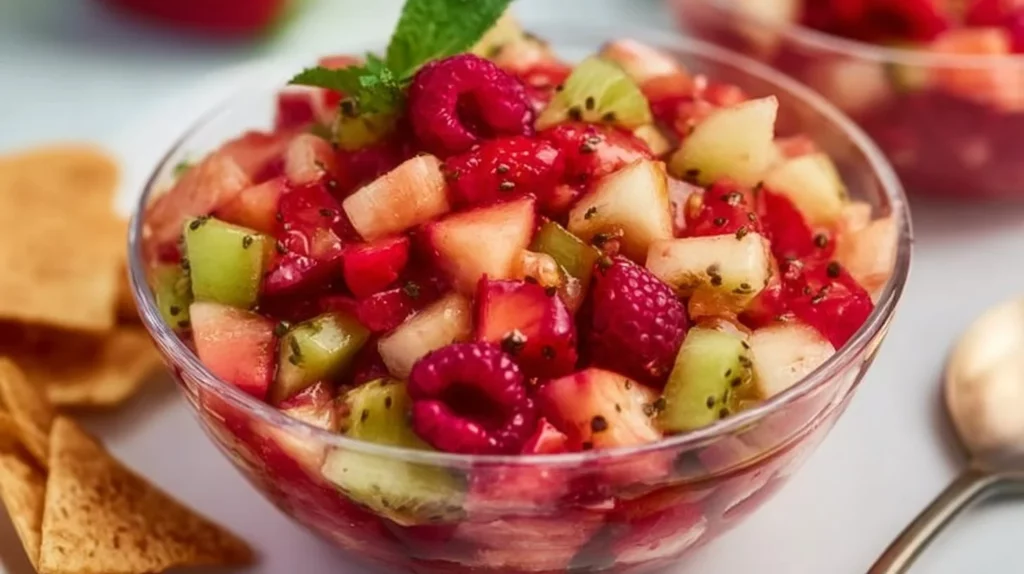 Sweet fruit salad with cinnamon sugar in a bowl, showcasing vibrant colors and fresh ingredients.