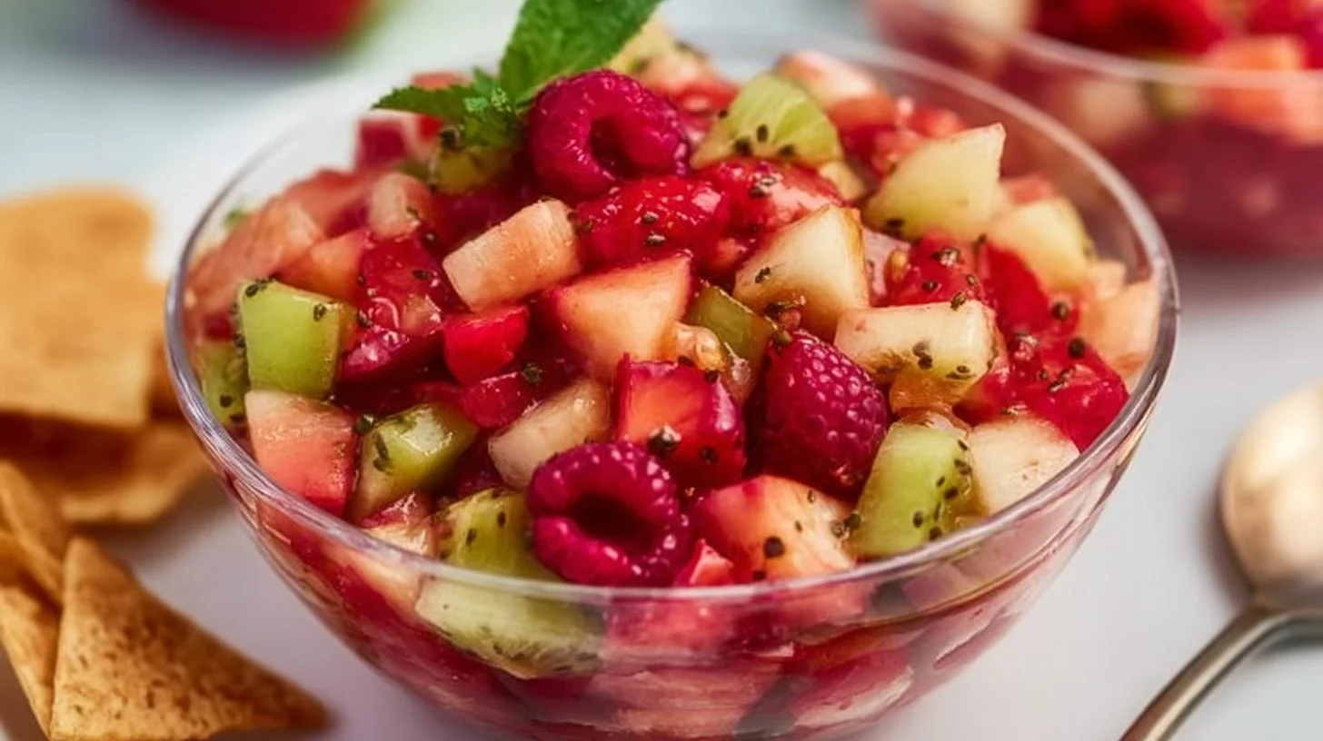Sweet fruit salad with cinnamon sugar in a bowl, showcasing vibrant colors and fresh ingredients.