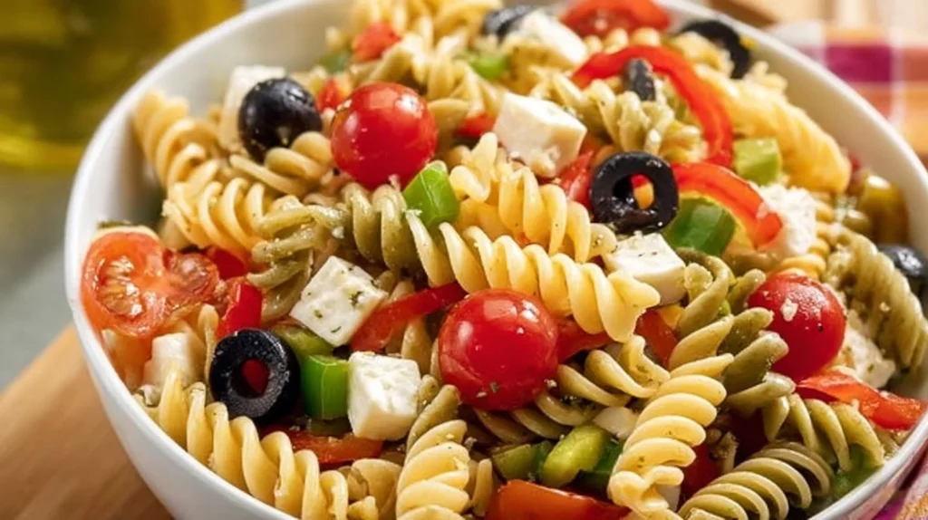 Tri-Color Pasta Salad with Italian Dressing in a serving bowl
