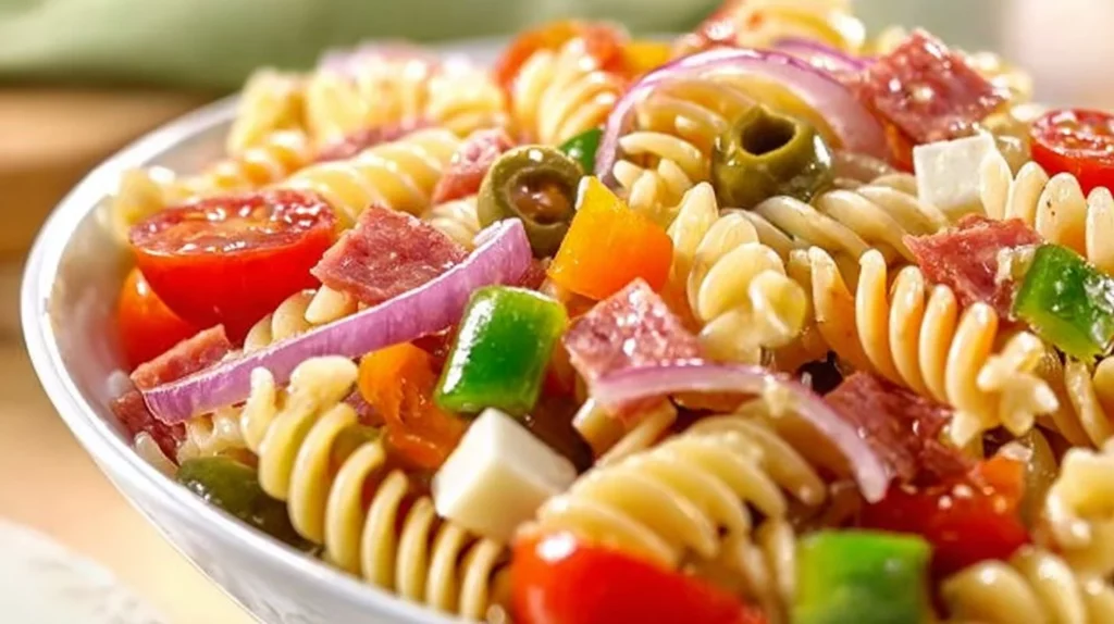 Tri Color Rotini Salad with fresh vegetables and dressing.