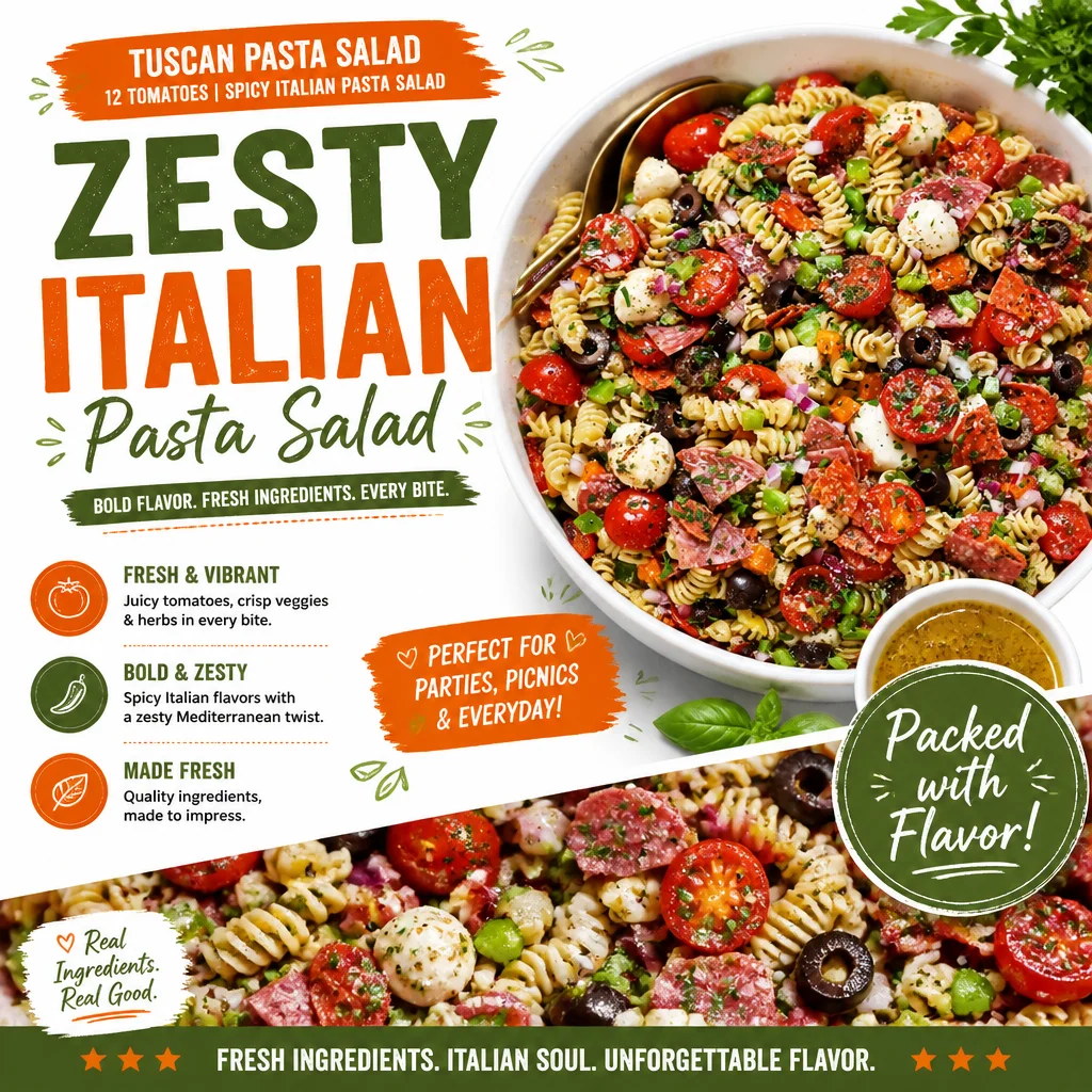 Delicious Tuscan Pasta Salad with fresh tomatoes, olives, and herbs