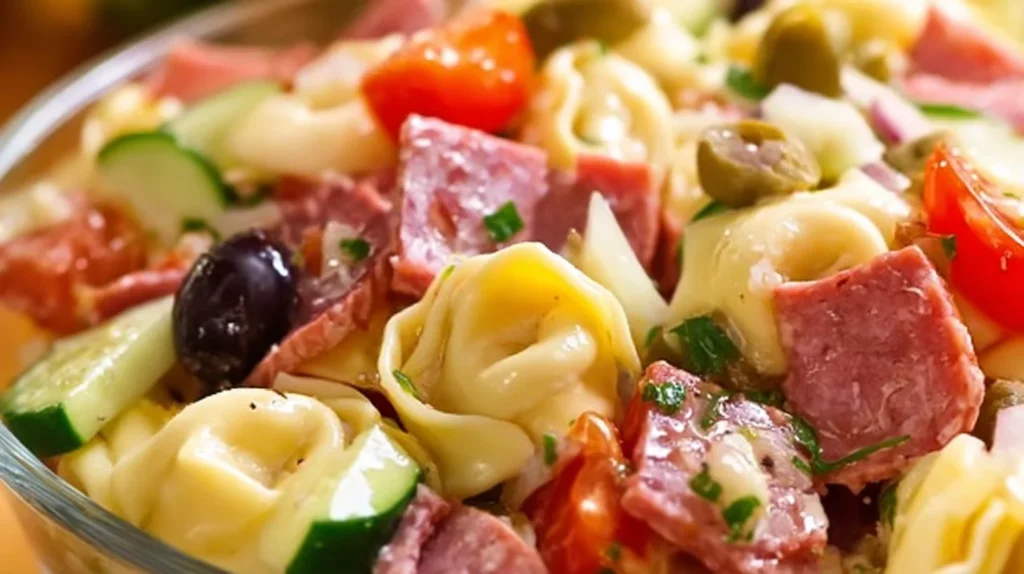 Tuscan Tortellini Pasta Salad with fresh vegetables and dressing