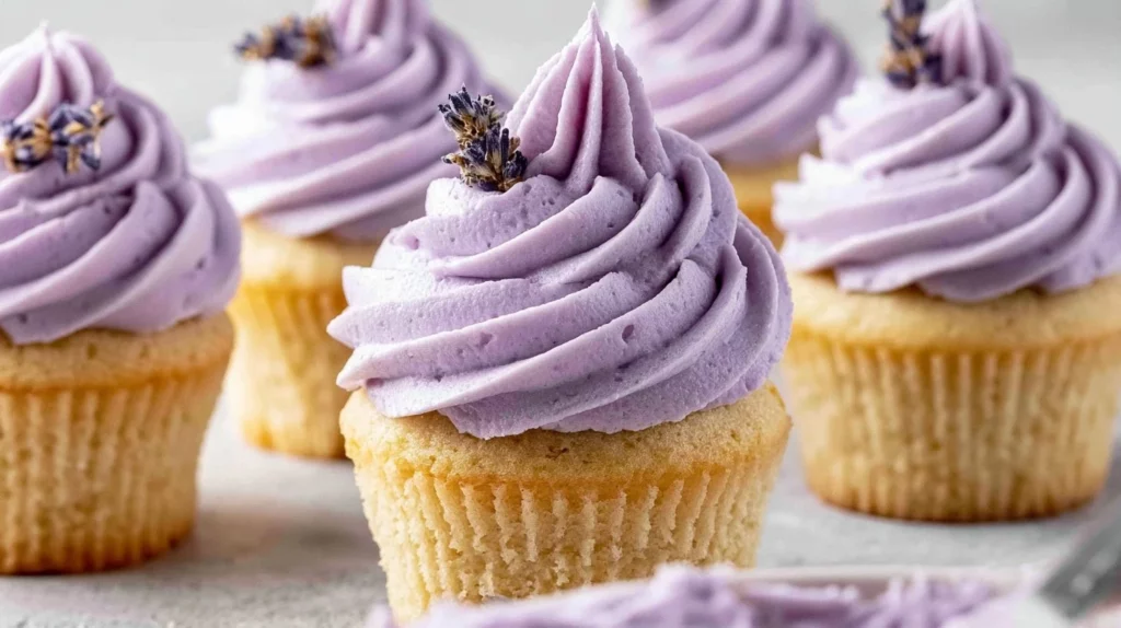 Vegan lavender buttercream spread on a beautifully decorated cake